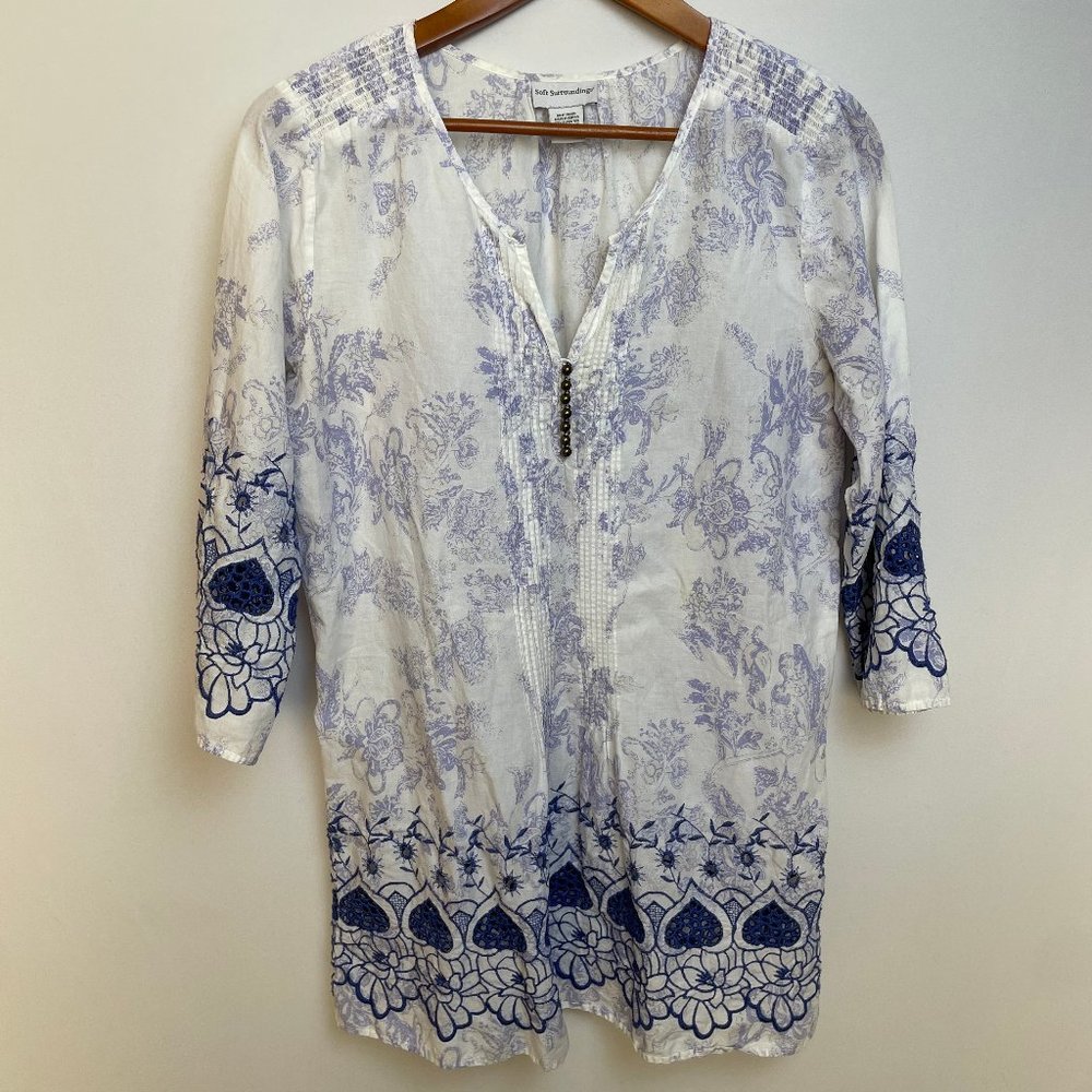 Soft Surroundings Womens Embroidered Tunic Top Size M Blue Floral Boho